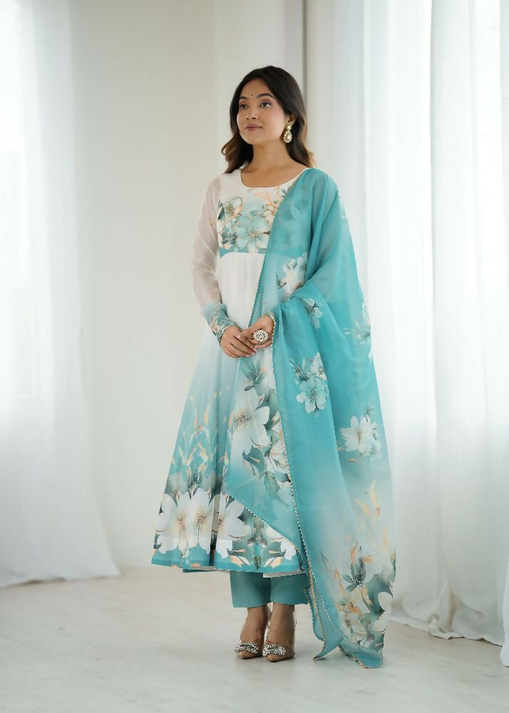 Aqua Blue Organza Kurta Set with Sequin Embroidery