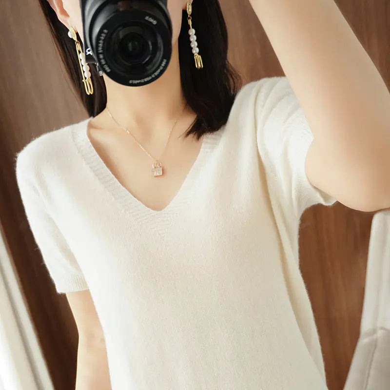 Women's Short Sleeve V-Neck Knit Sweater in Beige - Image 9