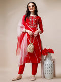 Multicolor Leheriya printed rayon kurta with hand embroidery paired with matching pants and dupatta.