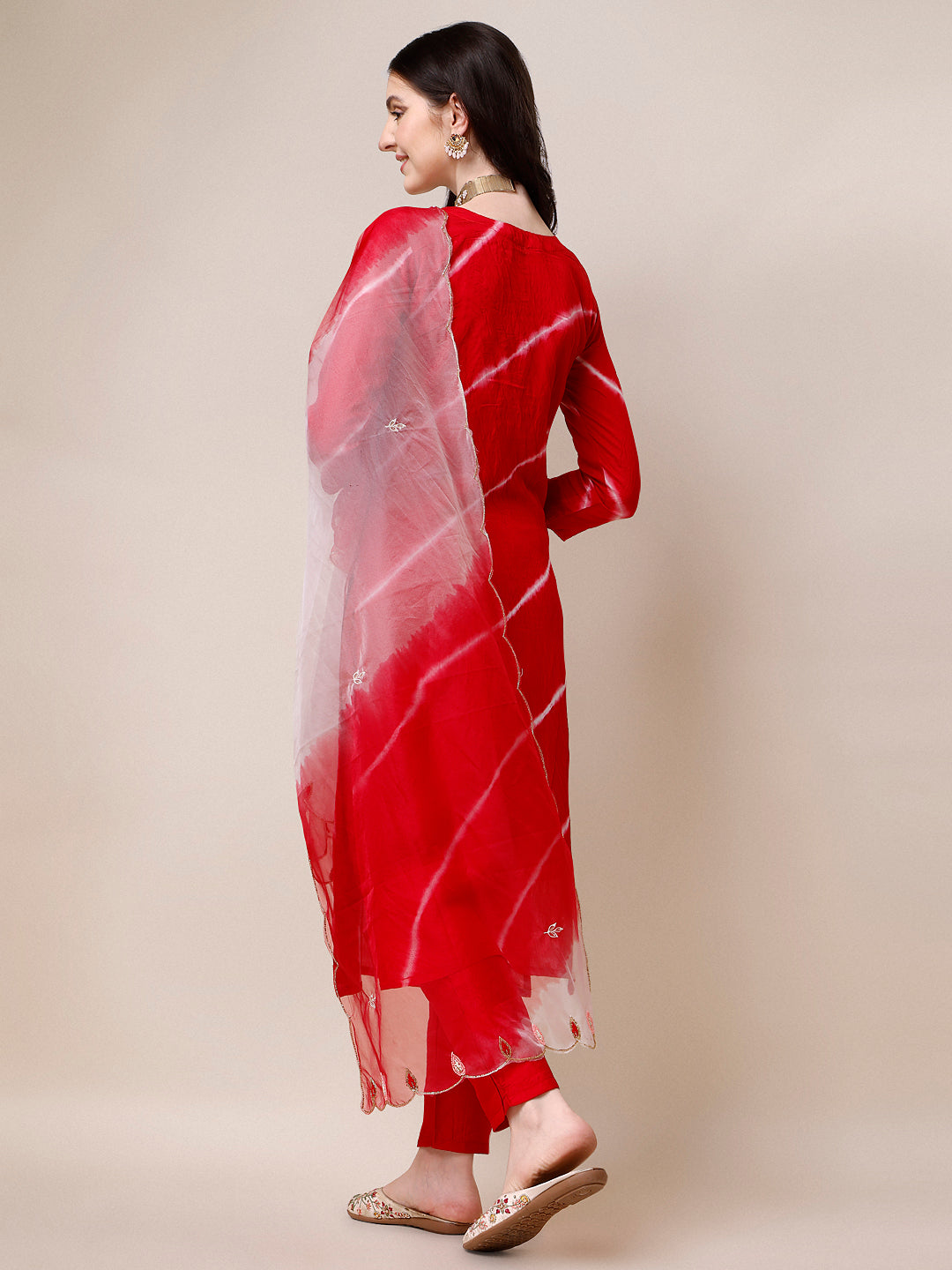 Multicolor Leheriya Printed Kurta Set with Hand Embroidery