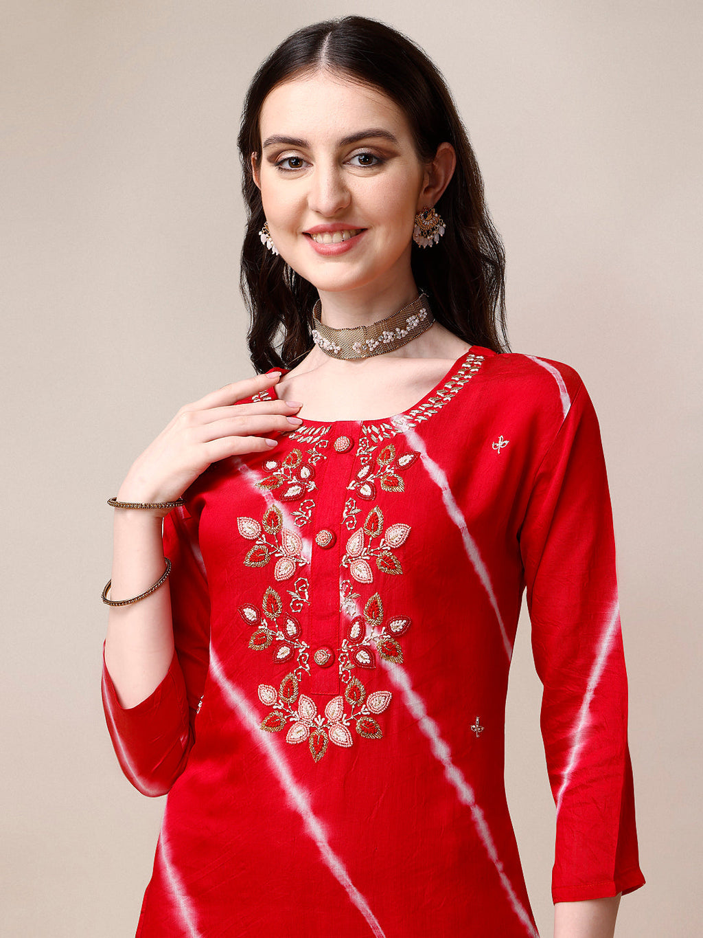Multicolor Leheriya Printed Kurta Set with Hand Embroidery