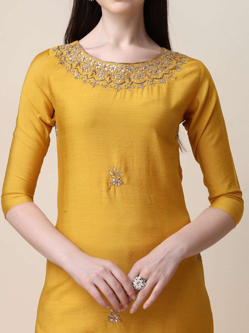 Multicolor Thread Embroidered Rayon Kurta Pant and Dupatta Set