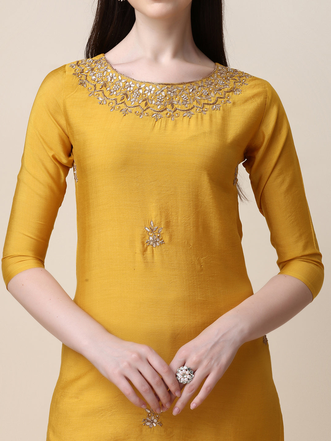 Multicolor Thread Embroidered Rayon Kurta Pant and Dupatta Set