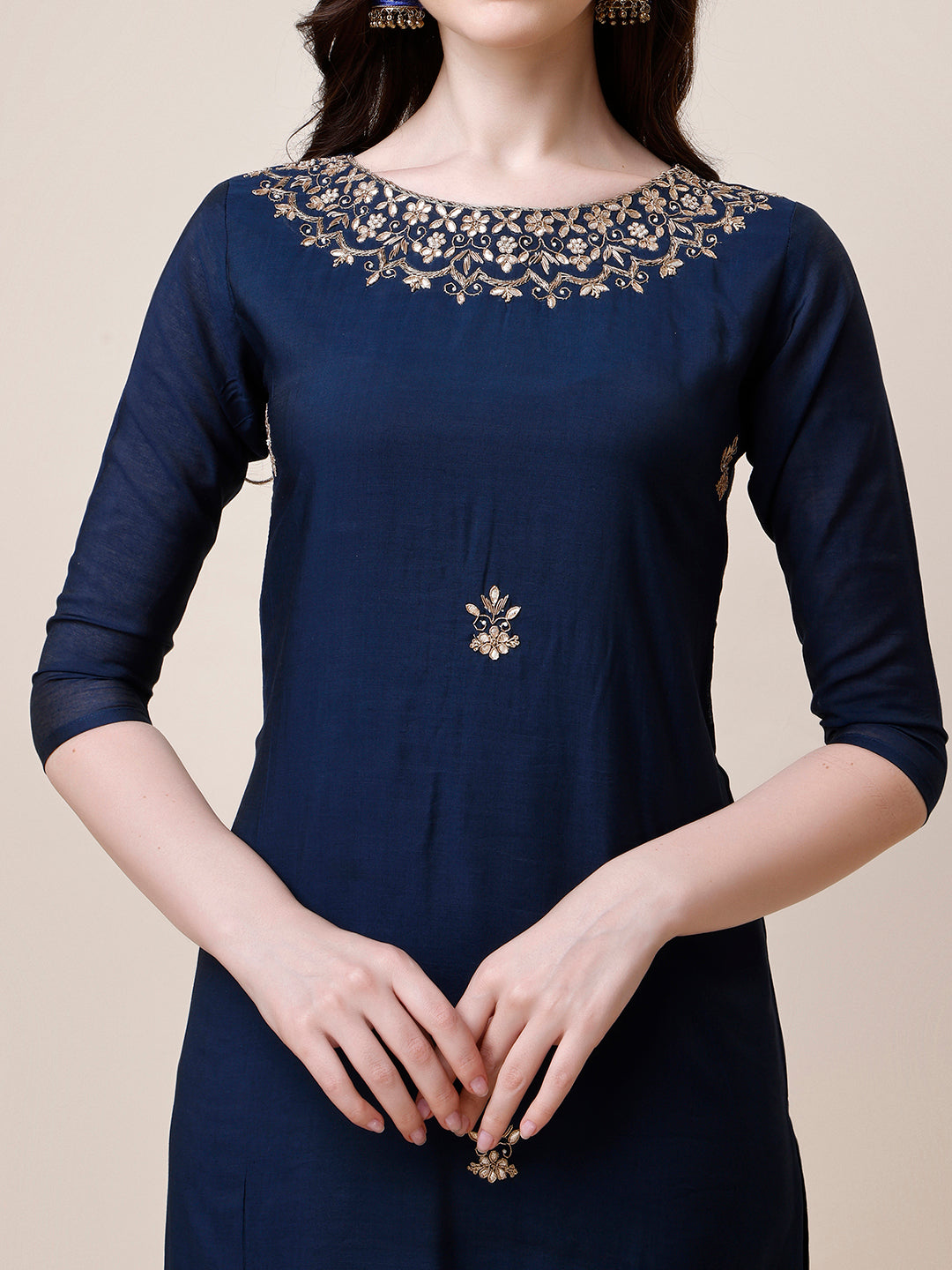 Multicolor Hand Embroidered Kurta with Pant and Dupatta Set