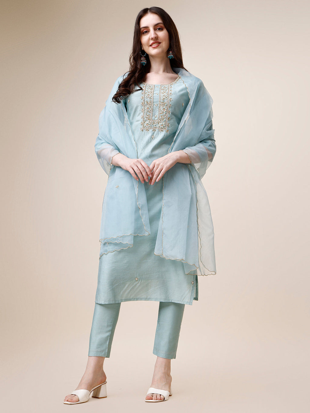 Hand Embroidered Multicolor Rayon Kurta Set with Pant and Dupatta