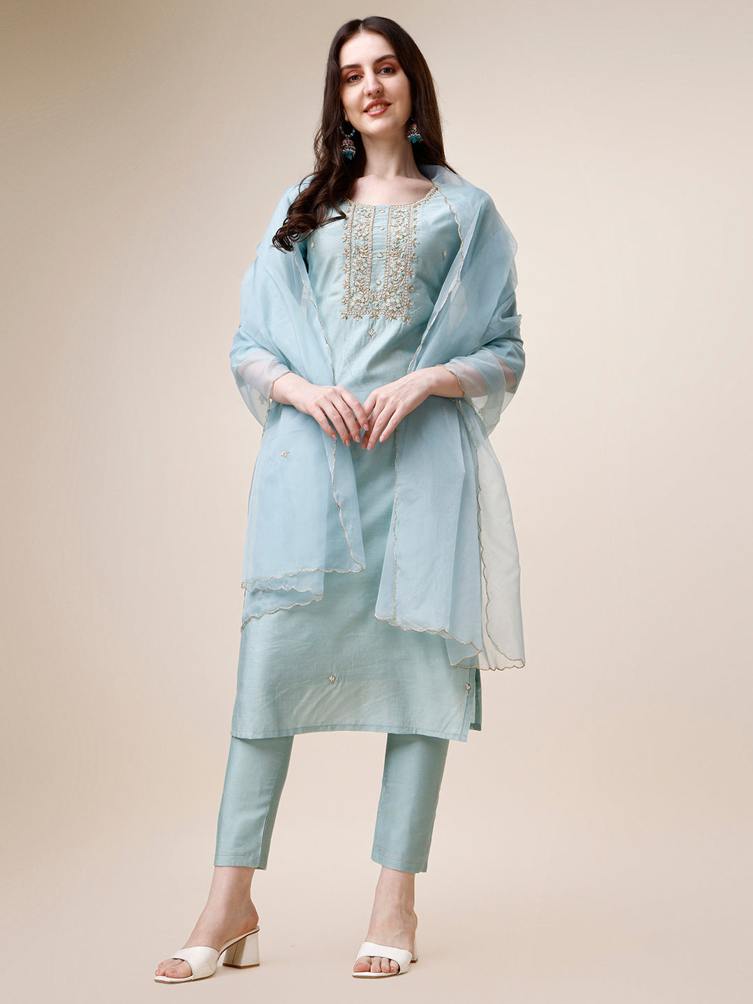 Hand Embroidered Multicolor Rayon Kurta Set with Pant and Dupatta