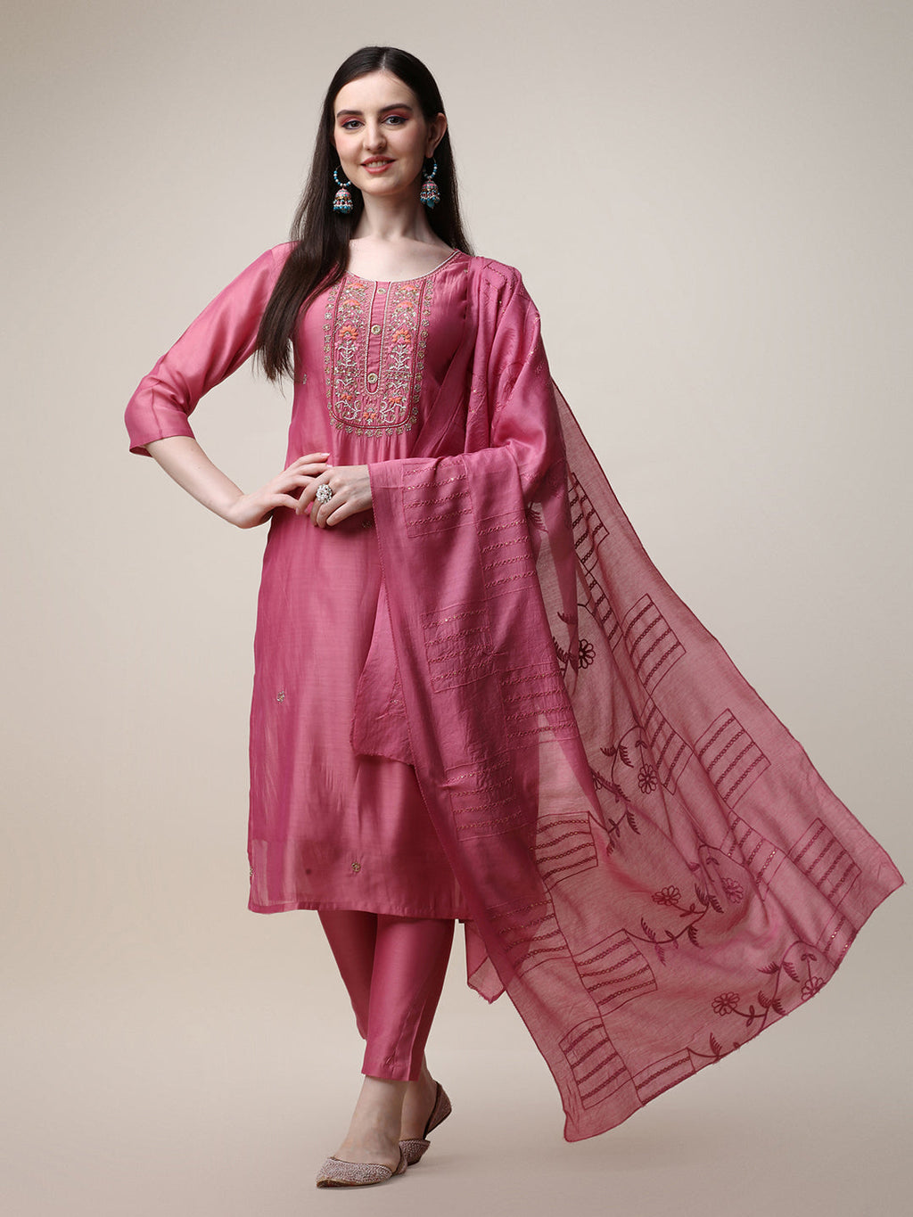 Embroidered Pink Kurta Set with Pant and Dupatta - 3-Piece Outfit