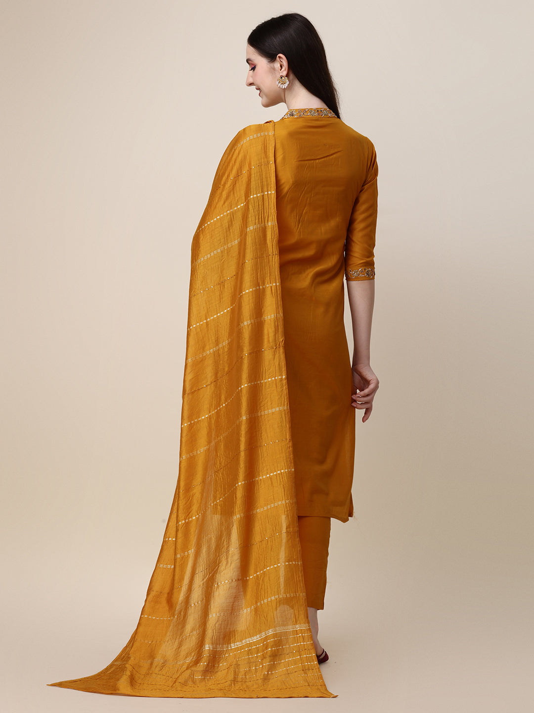 Embroidered Mandarin Collar Kurta Set with Pant and Dupatta