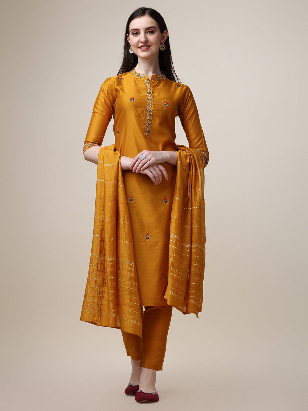 Embroidered Mandarin Collar Kurta Set with Pant and Dupatta