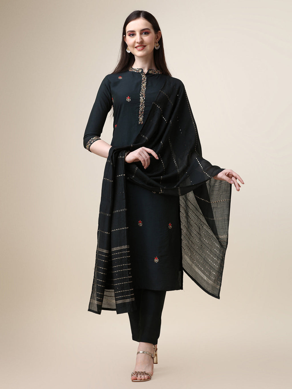 Multicolor embroidered mandarin collar kurta set with matching pant and dupatta in rayon fabric