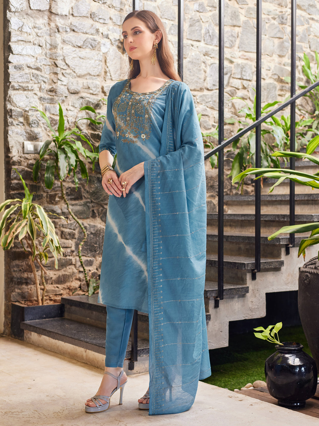 Multicolor Leheriya Printed Kurta with Pant and Dupatta Set