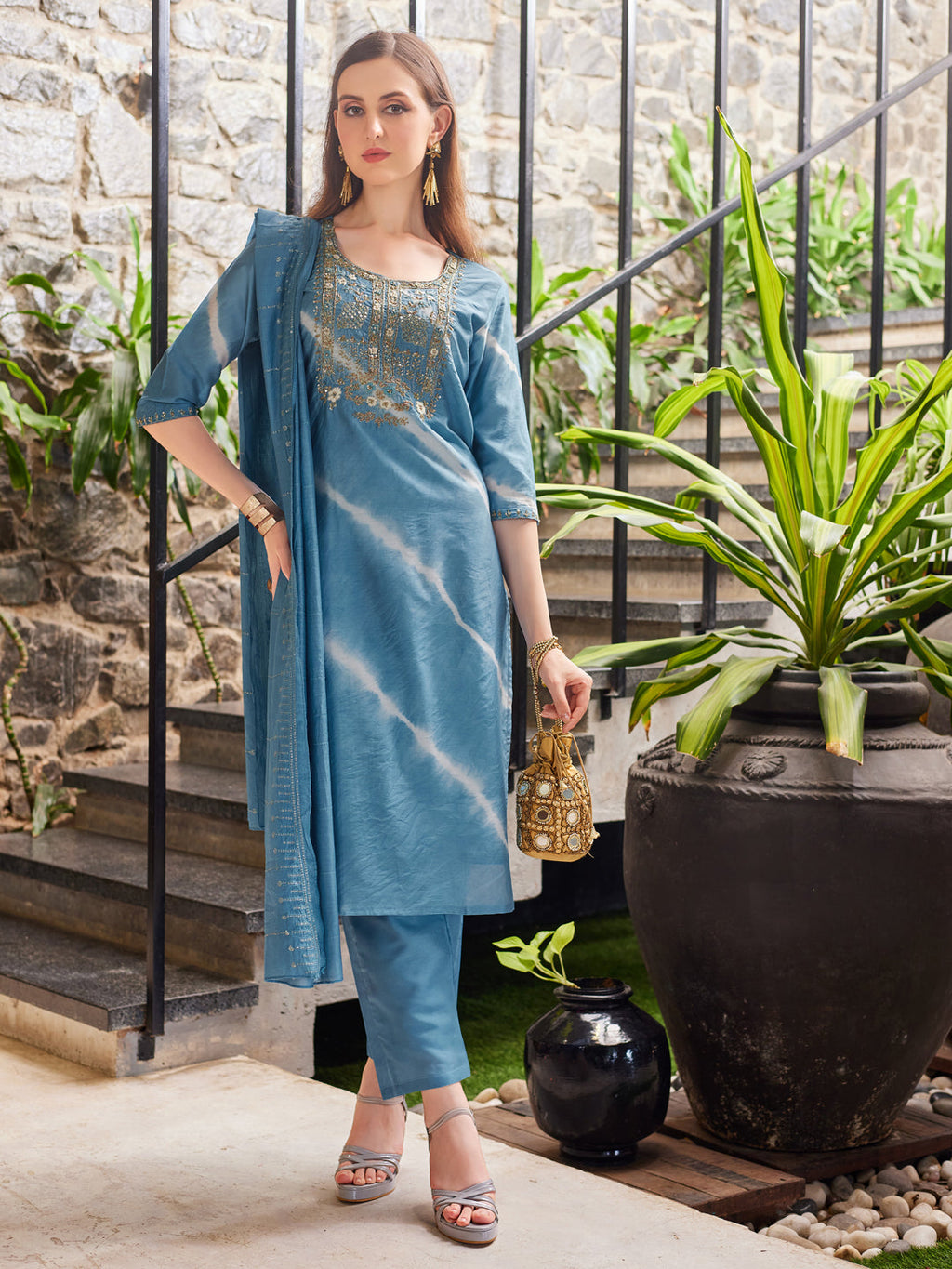 Multicolor Leheriya printed and embroidered kurta set with pant and dupatta