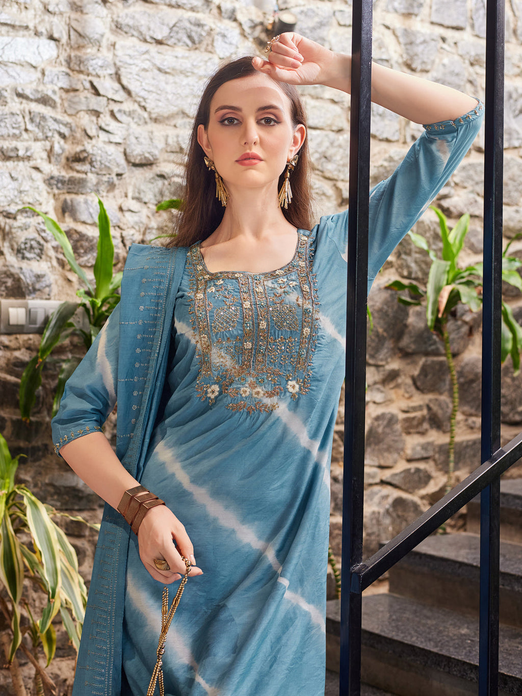 Multicolor Leheriya Printed Kurta with Pant and Dupatta Set