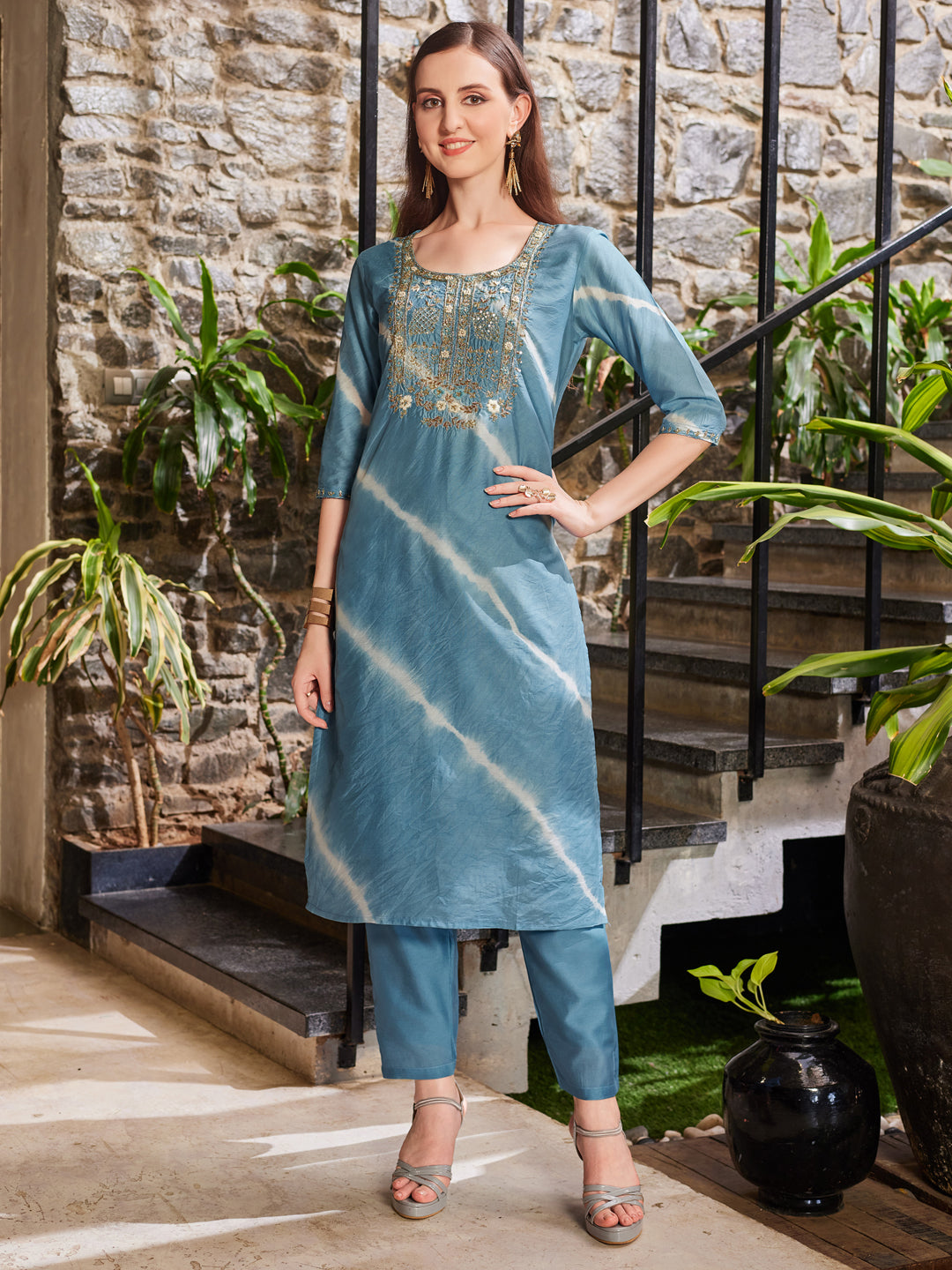 Multicolor Leheriya Printed Kurta with Pant and Dupatta Set