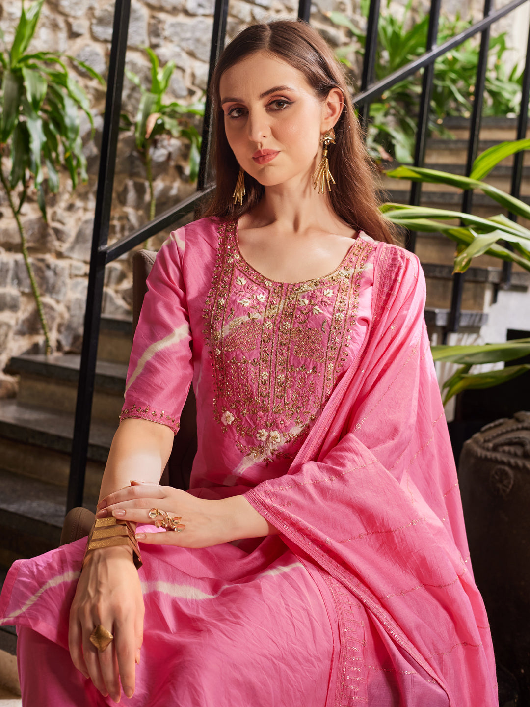 Multicolor Leheriya Printed Embroidered Kurta Set with Dupatta