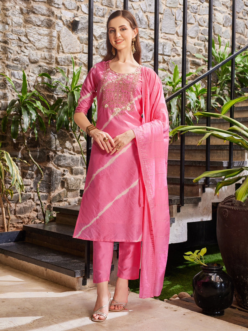Multicolor Leheriya Printed Embroidered Kurta Set with Dupatta