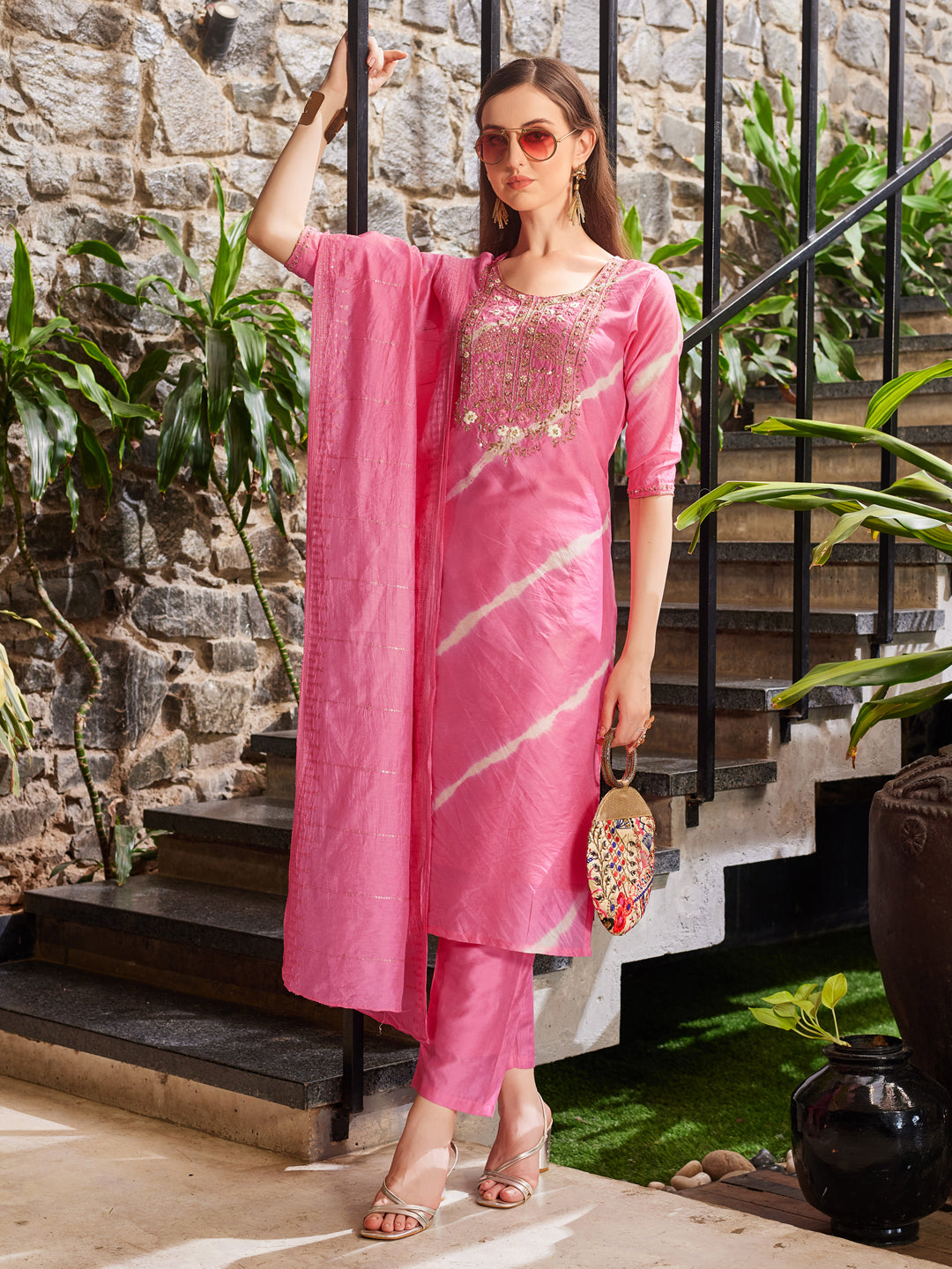 Multicolor Leheriya Printed Embroidered Kurta Set with Dupatta
