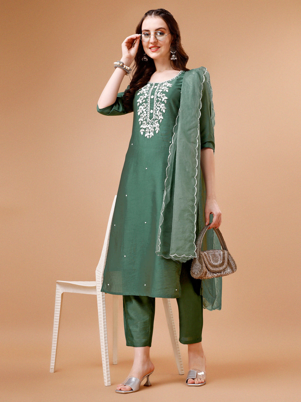 Multicolor Hand Beads Embroidered Kurta Set with Pant and Dupatta