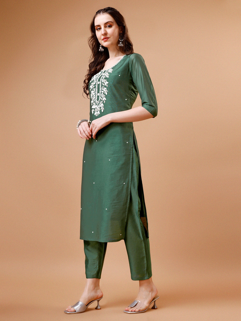 Multicolor Hand Beads Embroidered Kurta Set with Pant and Dupatta
