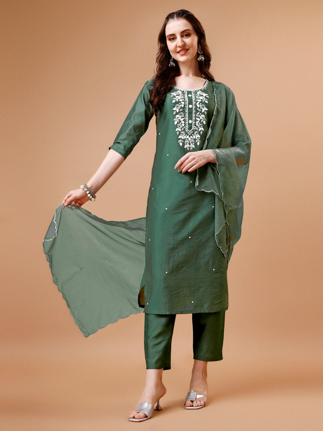 Multicolor Hand Beads Embroidered Kurta Set with Pant and Dupatta