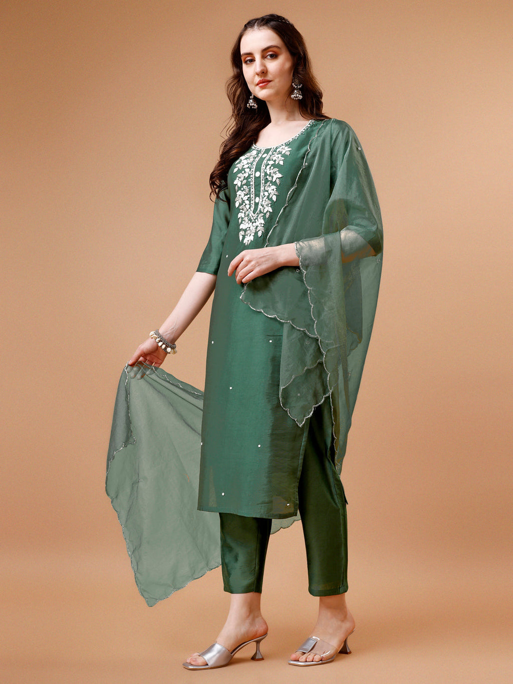 Multicolor Hand Beads Embroidered Kurta Set with Pant and Dupatta