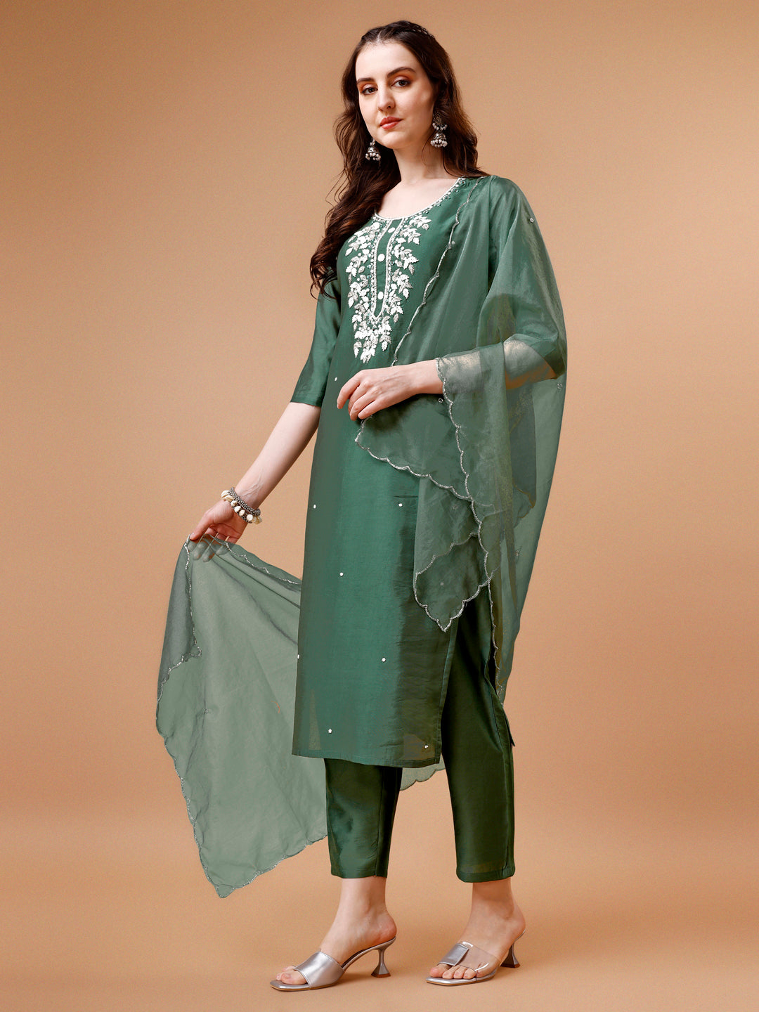 Multicolor Hand Beads Embroidered Kurta Set with Pant and Dupatta