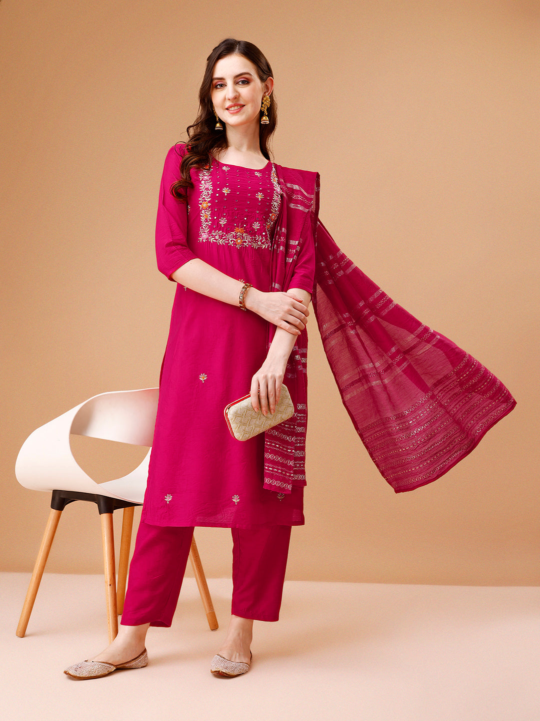 Multicolor Rayon Hand Embroidered Kurta Set with Dupatta