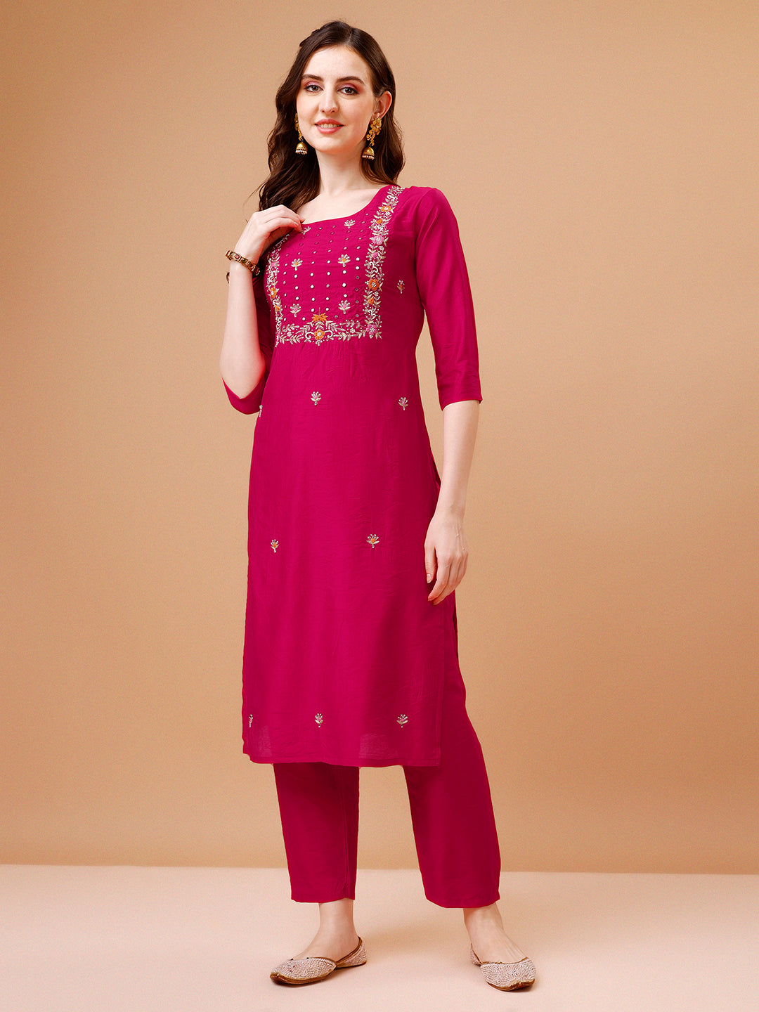Multicolor Rayon Hand Embroidered Kurta Set with Dupatta