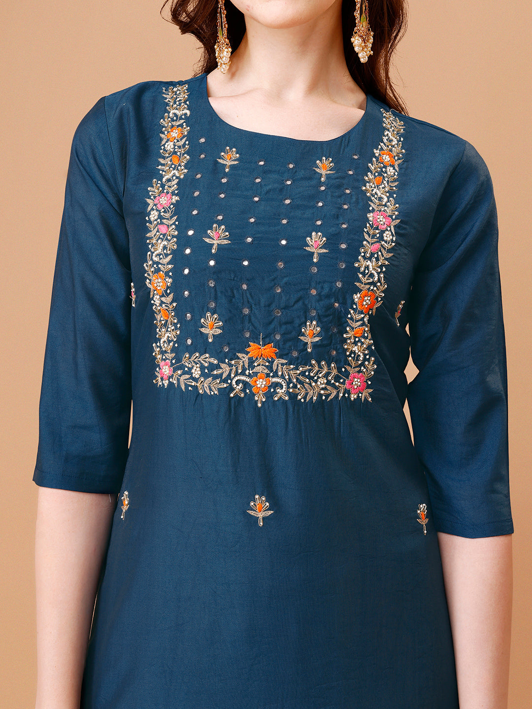 Multicolor Hand Embroidered Kurta Set with 3/4 Sleeves
