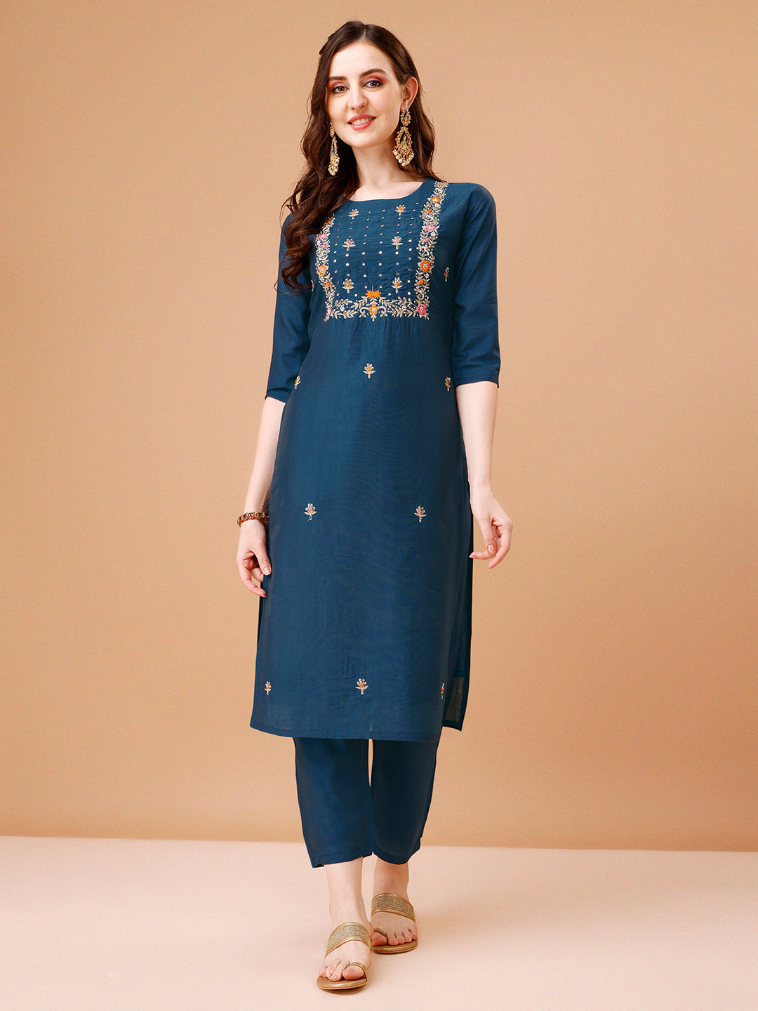 Multicolor Hand Embroidered Kurta Set with 3/4 Sleeves