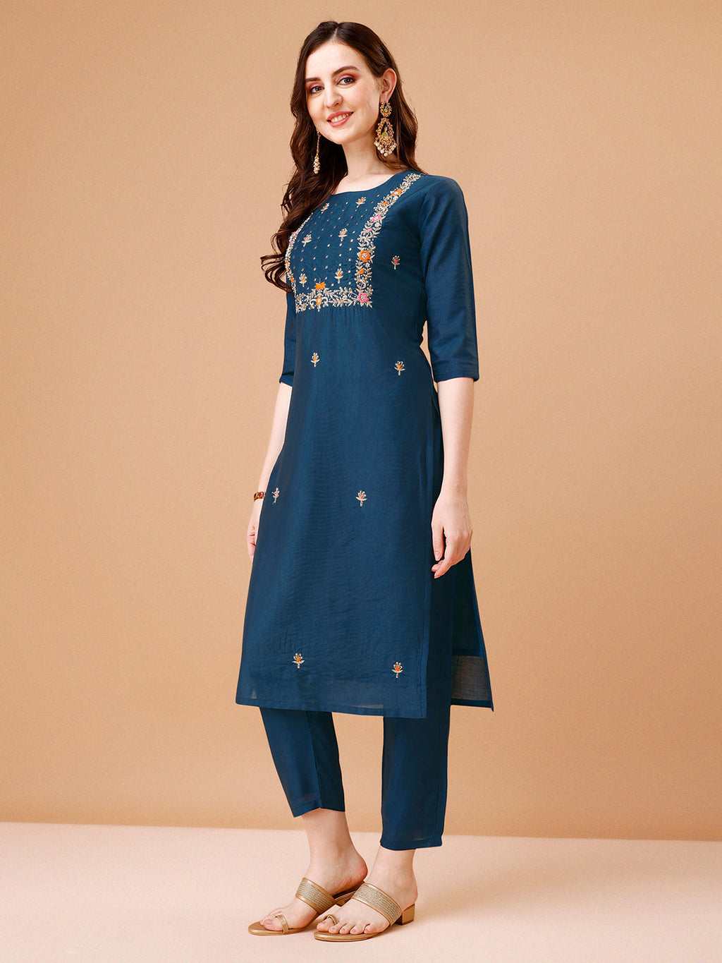 Multicolor Hand Embroidered Kurta Set with 3/4 Sleeves
