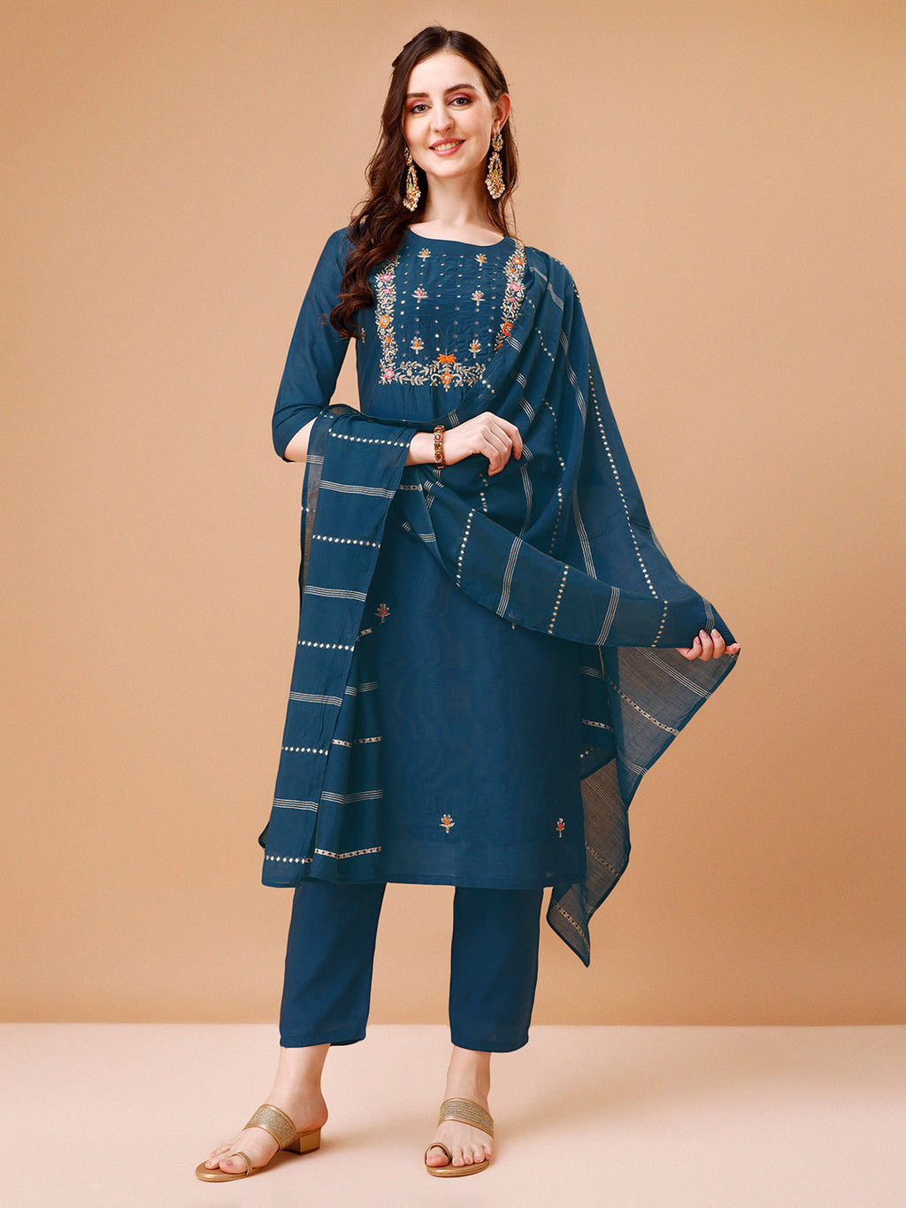 Multicolor rayon hand-embroidered kurta set with matching dupatta and pant