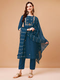 Multicolor rayon hand-embroidered kurta set with matching dupatta and pant
