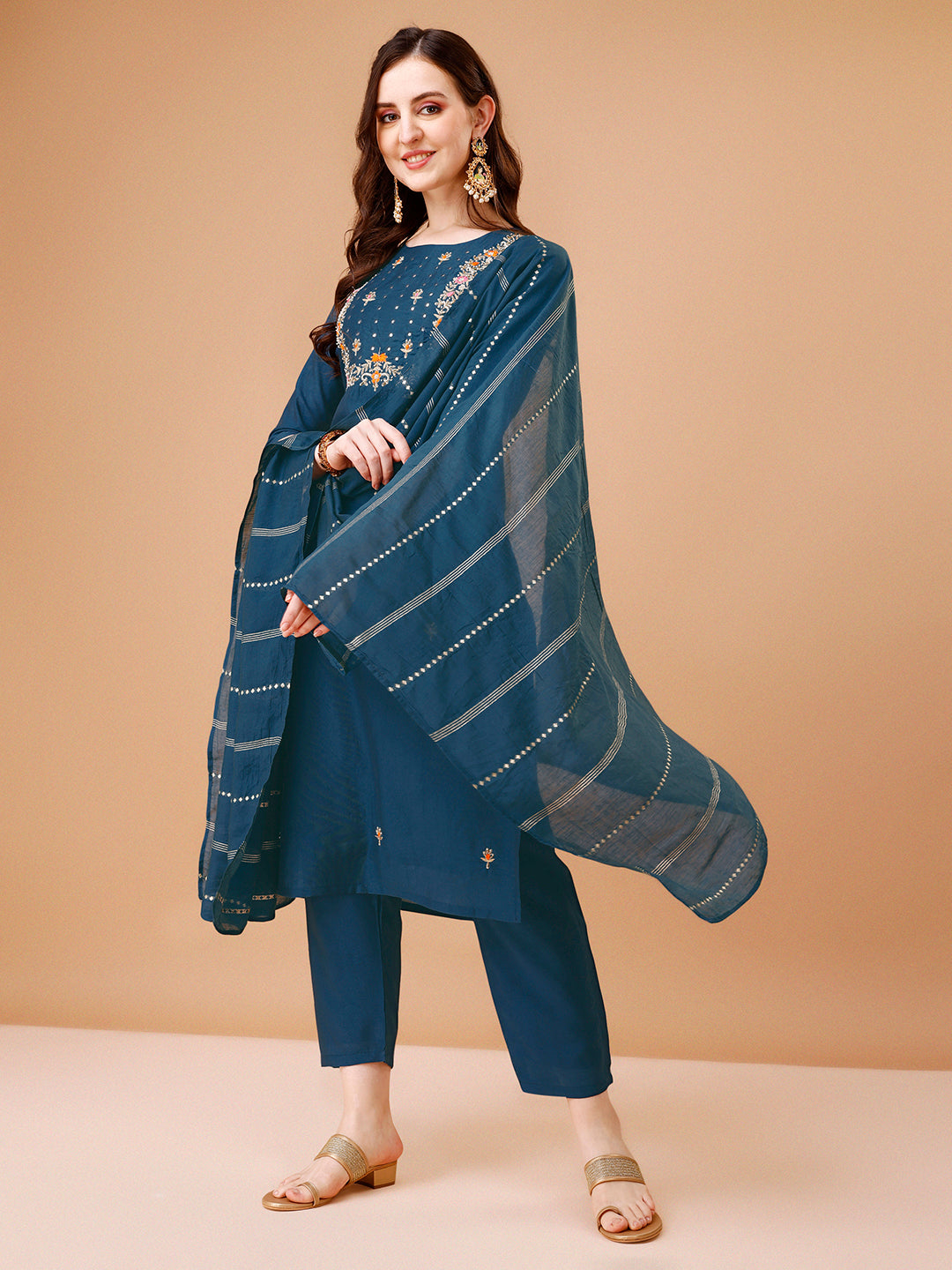 Multicolor Hand Embroidered Kurta Set with 3/4 Sleeves