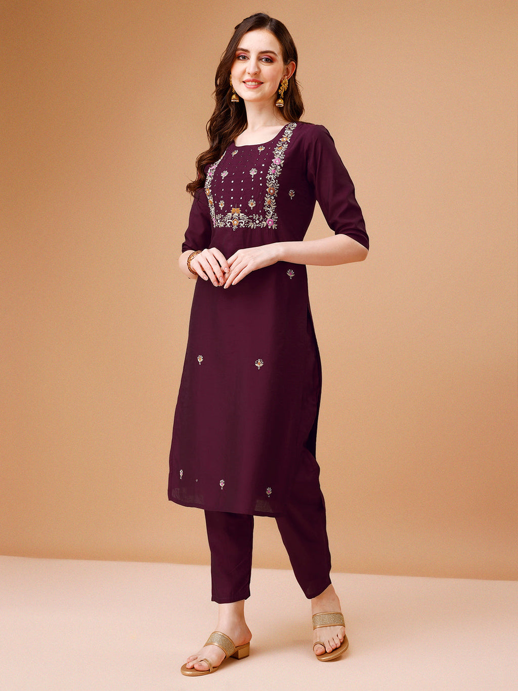 Hand Embroidered 3/4 Sleeve Kurta Set with Pant and Dupatta