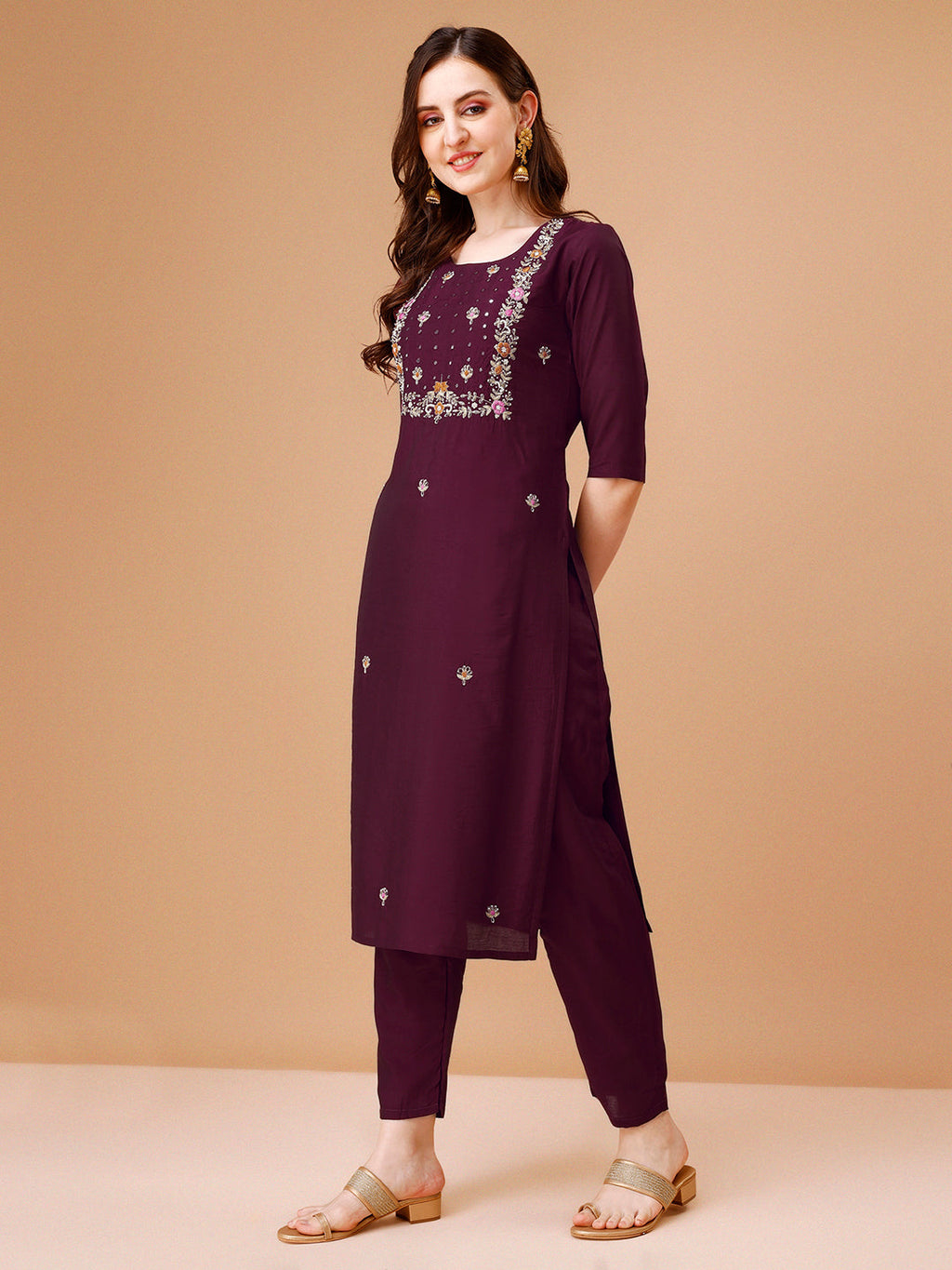 Hand Embroidered 3/4 Sleeve Kurta Set with Pant and Dupatta