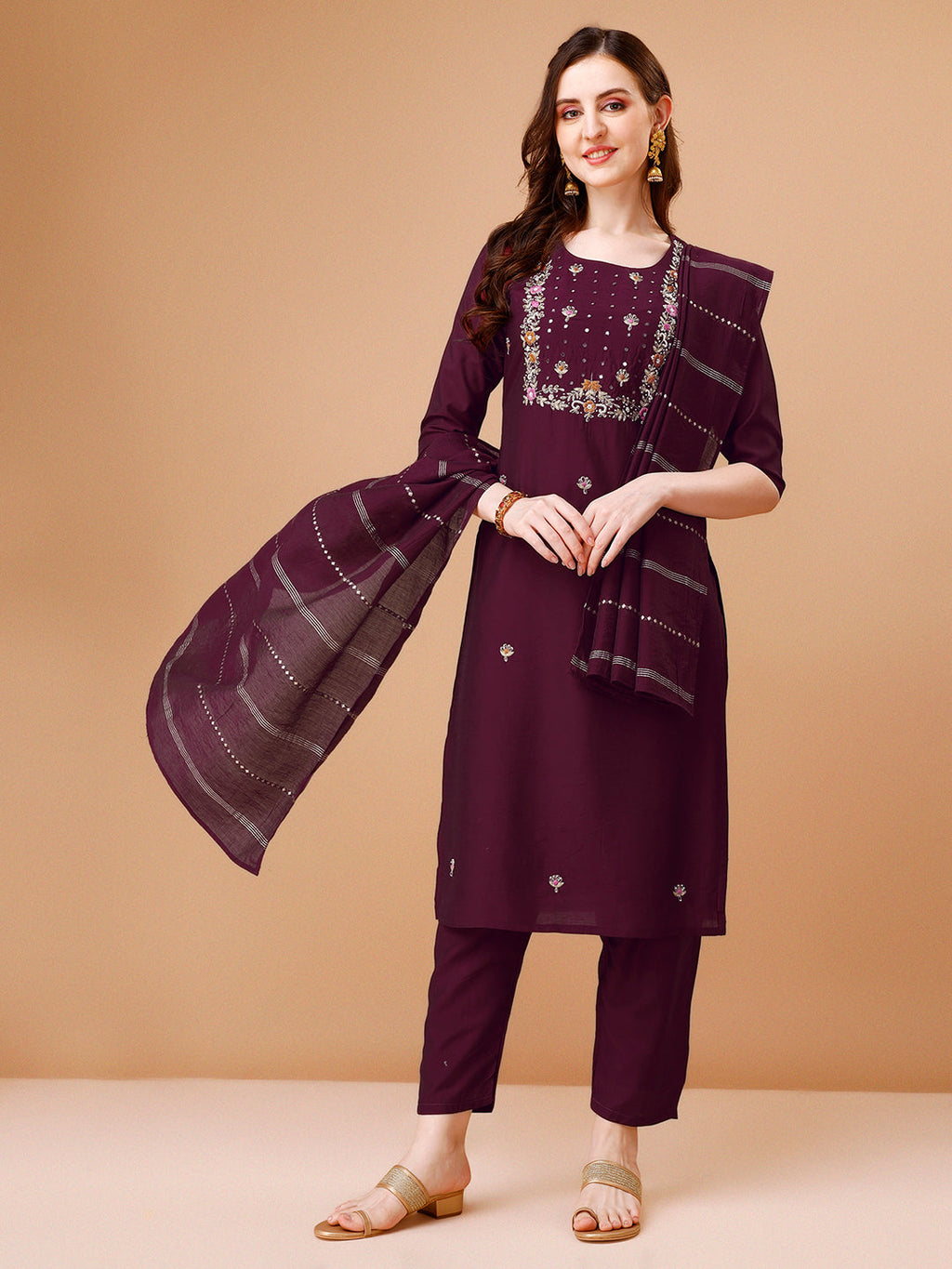 Multicolor hand embroidered kurta set with 3/4 sleeves and matching dupatta