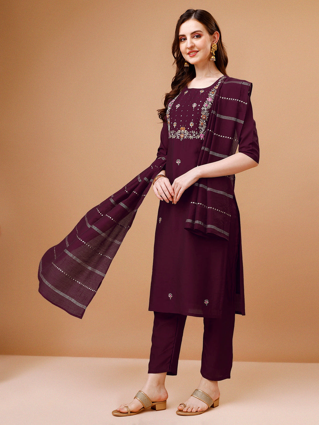 Hand Embroidered 3/4 Sleeve Kurta Set with Pant and Dupatta
