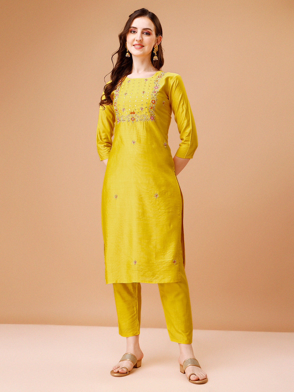 Hand Embroidered Multicolor Kurta Set with Pant and Dupatta