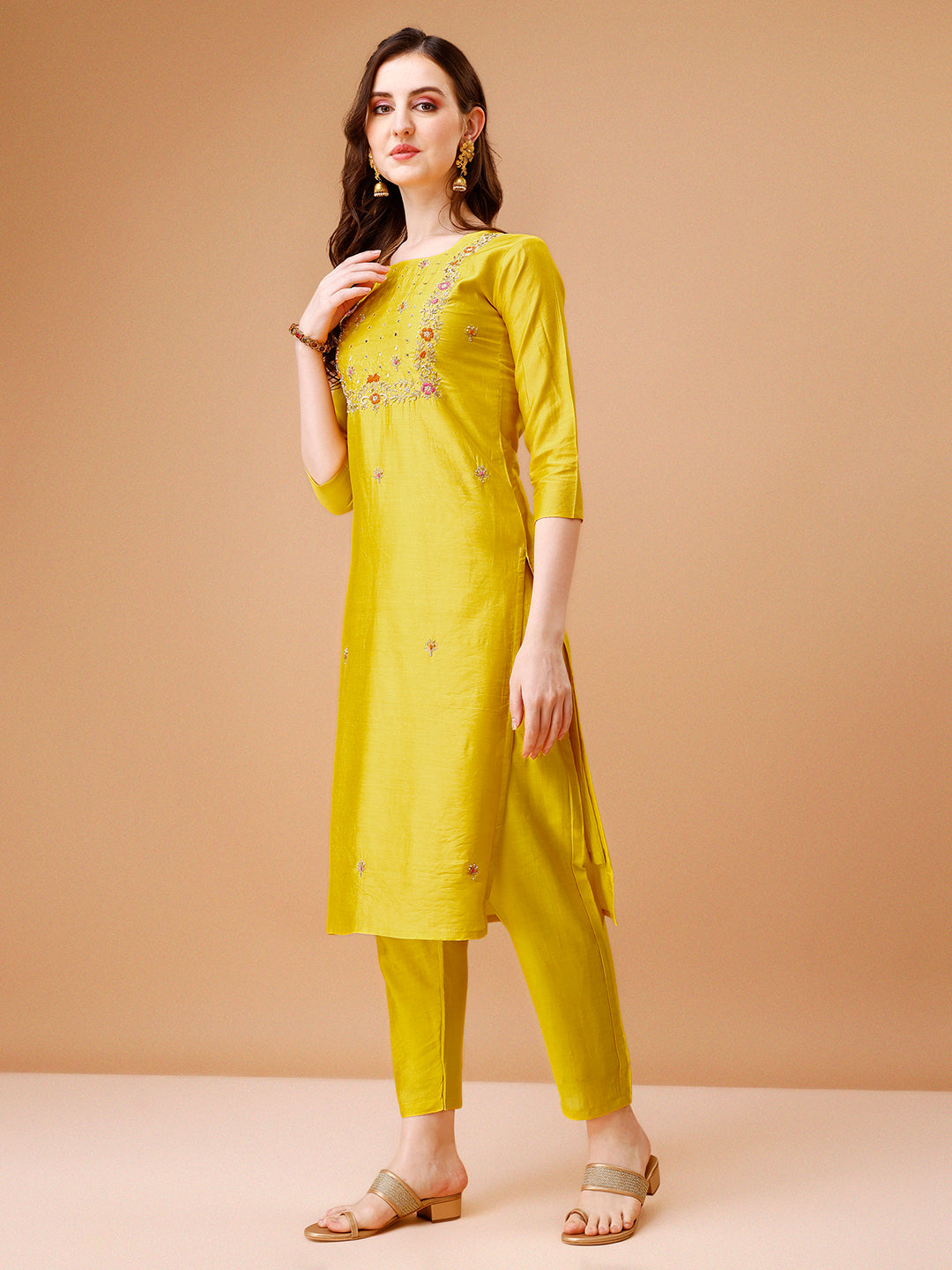 Hand Embroidered Multicolor Kurta Set with Pant and Dupatta