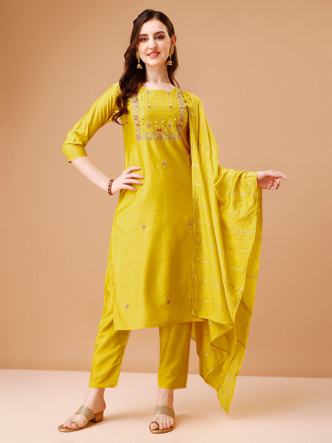 Hand-embroidered multicolor kurta set with matching pants and dupatta