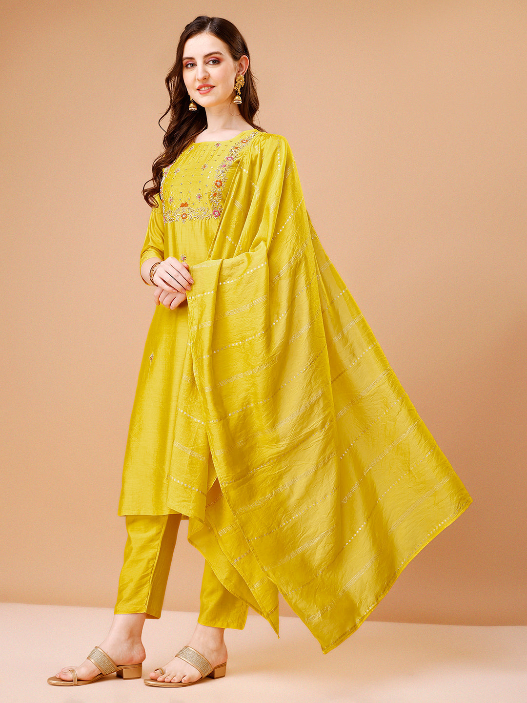 Hand Embroidered Multicolor Kurta Set with Pant and Dupatta