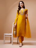 Model wearing a multicolor hand embroidered rayon kurta with organza dupatta and matching pants