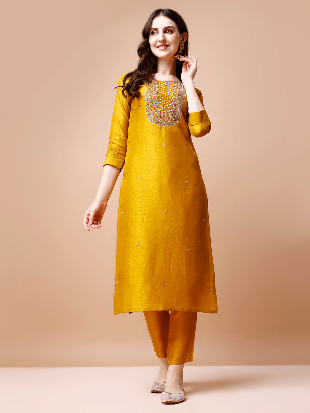 Multicolor Hand Embroidered Rayon Kurta Set with Organza Dupatta