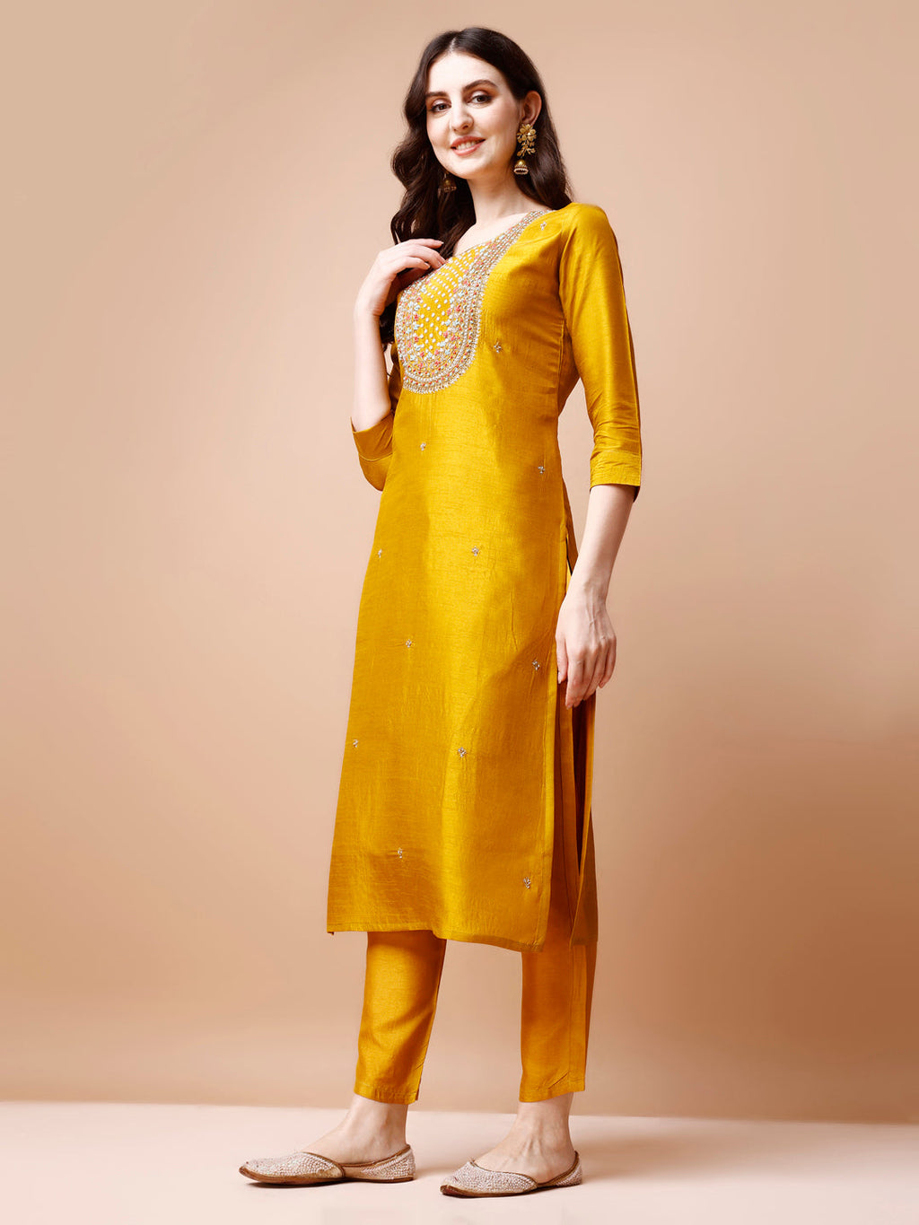 Multicolor Hand Embroidered Rayon Kurta Set with Organza Dupatta