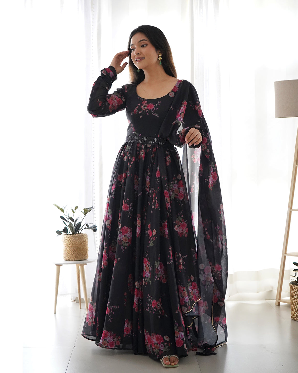 Wine colored pure organza silk Anarkali gown with floral print and Lucknowi thread work belt