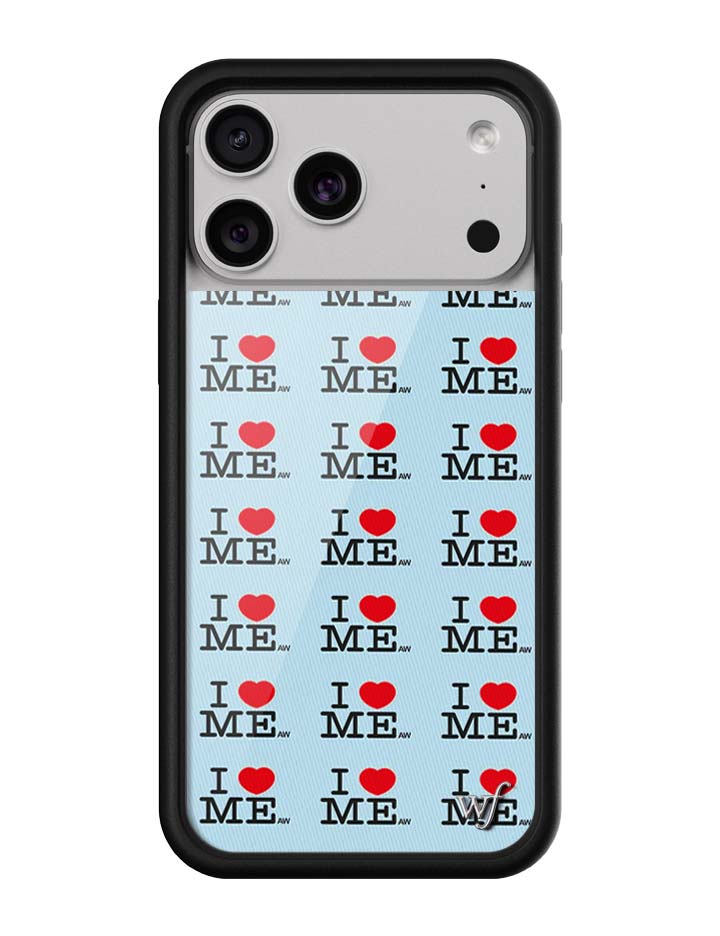 I Heart Me iPhone case in blue with repeating graphic text and hearts