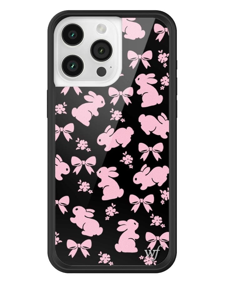 Baby pink bunny and bow pattern iPhone case with black protective rubber bumper