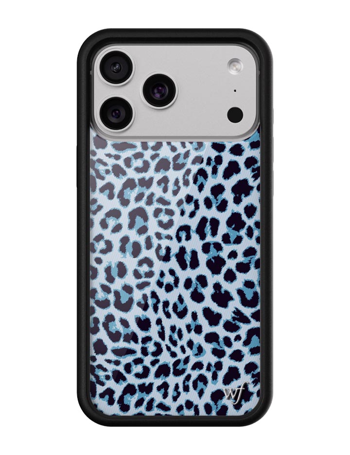 Close up of a blue leopard print iPhone case with a black protective edge
