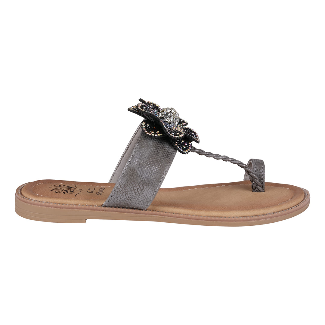 Women's Black Embellished Flower Toe Ring Flat Sandals